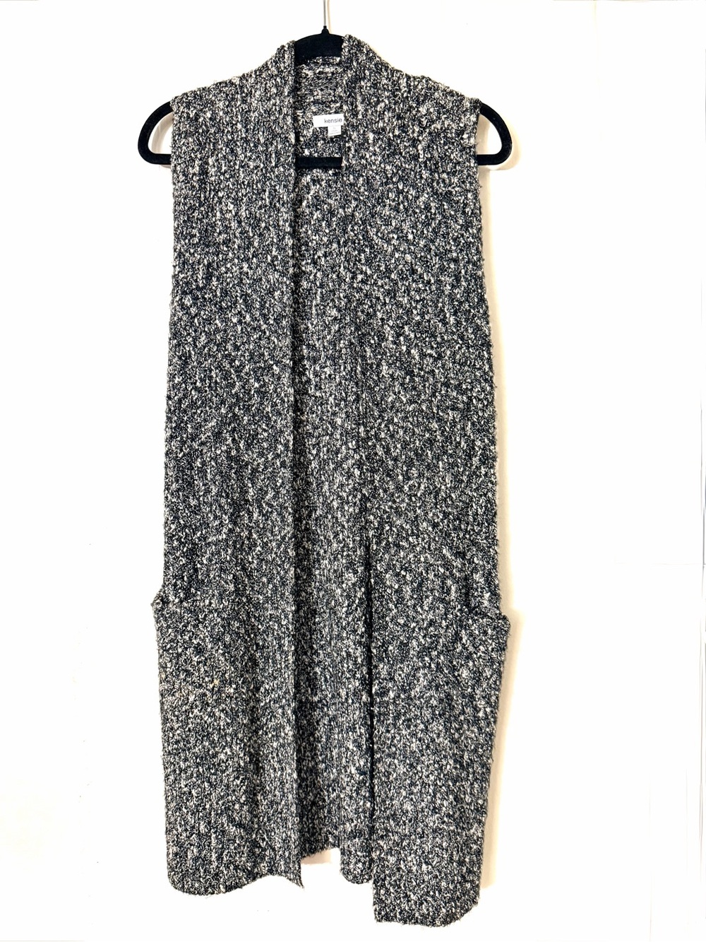 Kensie Black & White Marbled Open-Front Knit Vest